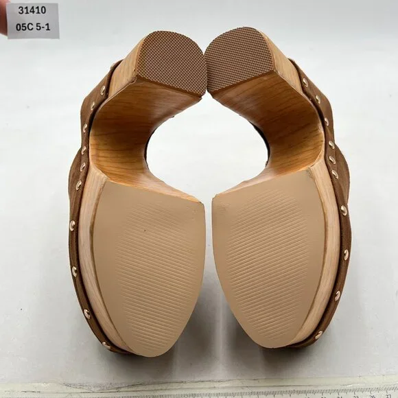 FSJ Brown Suede Round Toe Mules High Chunky Heeled Sandals Slip On Platform Shoe - Picture 7 of 8